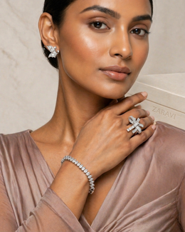Zaravi Diamond Line Bracelet with Aurora Burst Ring & Butterfly Studs (Combo)