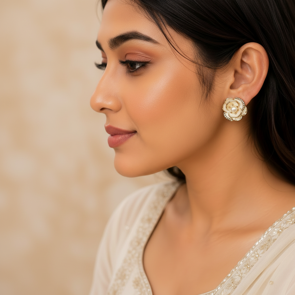 Camellia Pearl Floral Stud Earrings