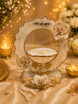 Elegant Marble Finish Krishna Jhula (Laddu Gopal Swing) – White & Gold