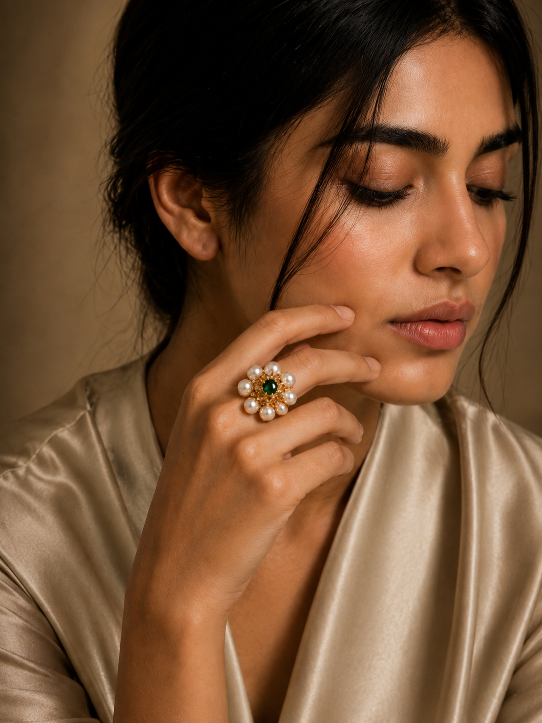 Emerald Pearl Bloom Statement Ring