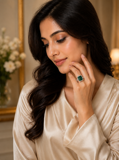 Emerald Majesty Square Halo Ring