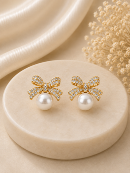 Golden Bow Pearl Earrings