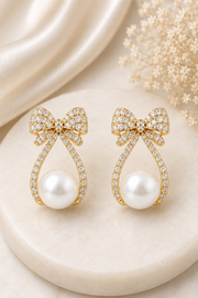 Golden Bow Pearl Drop Earrings