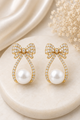 Golden Bow Pearl Drop Earrings