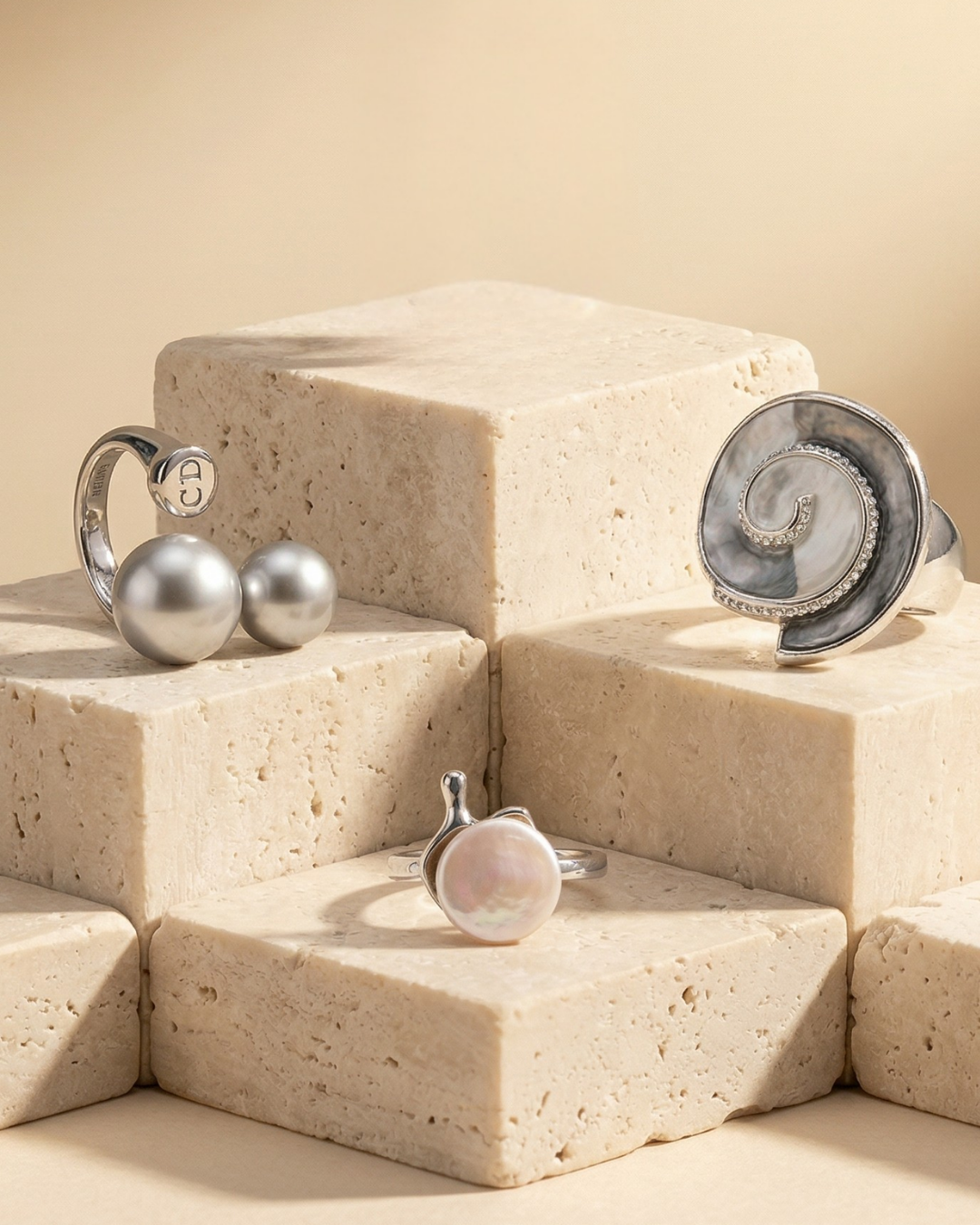 Moon crest spiral ring with orbit duo and pearl ring