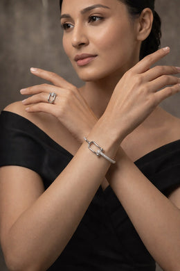 Minimal Sparkle Silver Braclet  & Ring Set