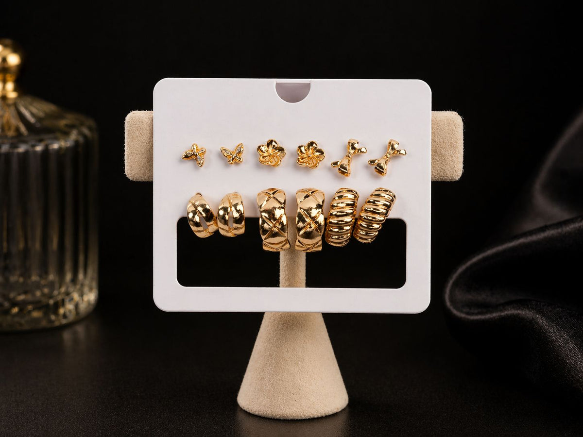 Golden Flutter Multi-Stud & Mini Hoop Earring Set
